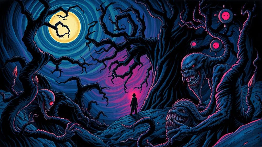 Eerie Nightscape with Cursed Figure in Pop Surrealism Style