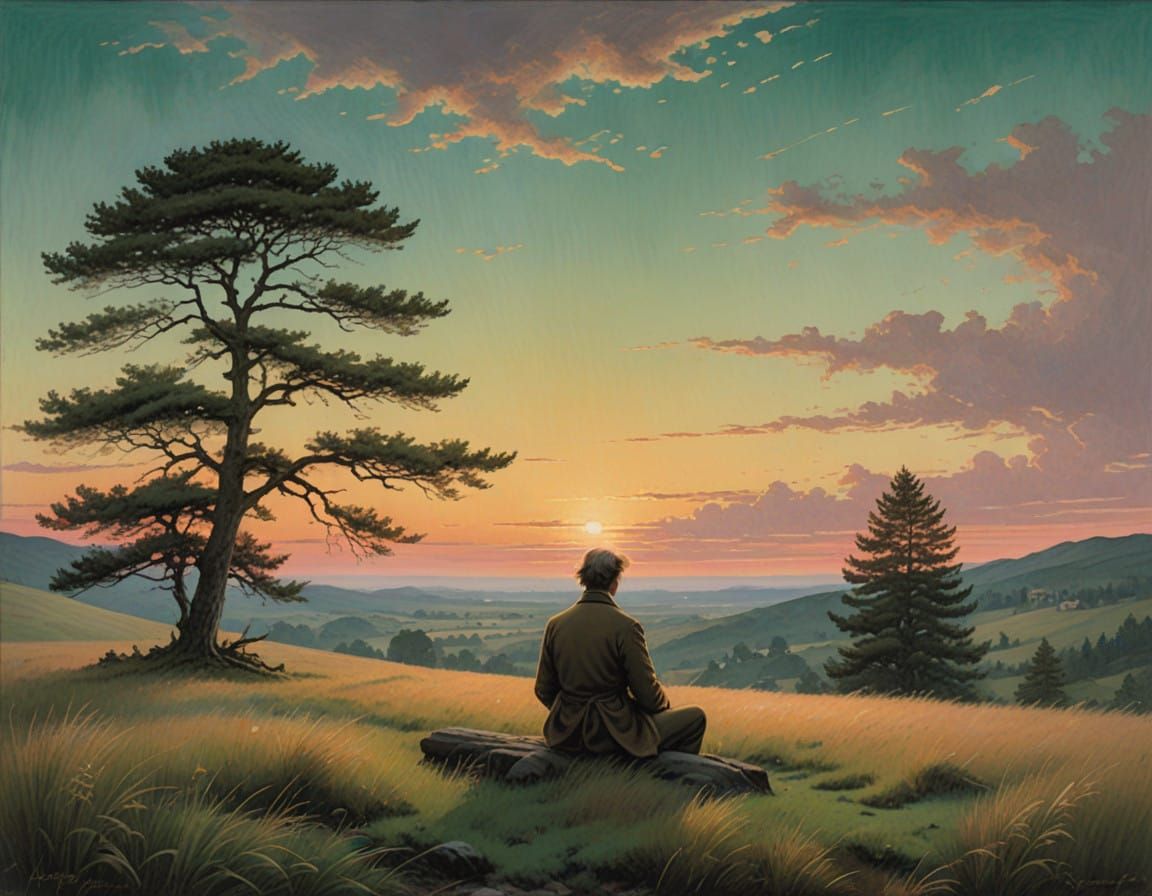 Serene Figure Contemplates Endless Horizon in Sunset Landsca...