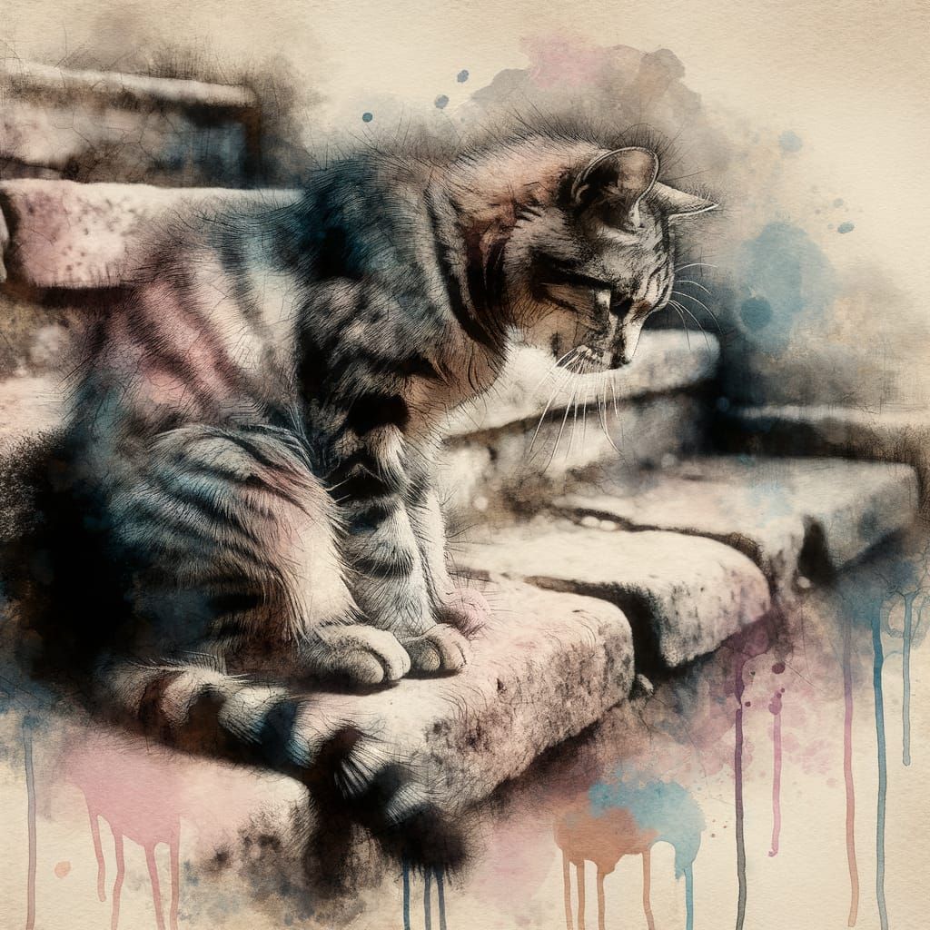 Melancholy Tabby Cat on Stone Steps: Watercolor Art