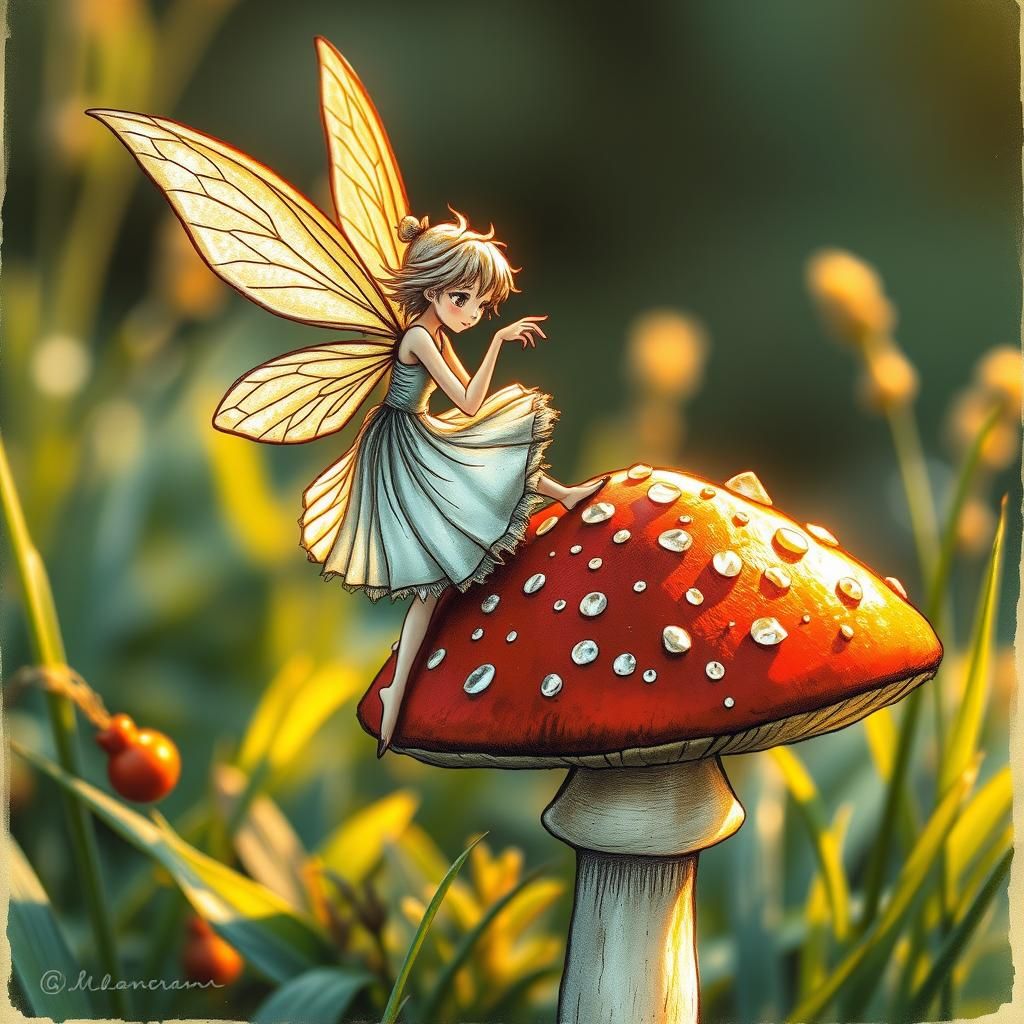 Fairy on Mushroom in Morning Light, Delicate Ink Drawing