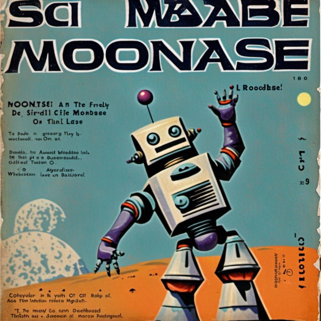 Friendly Robot on Moonbase: Sci-Fi Magazine Cover