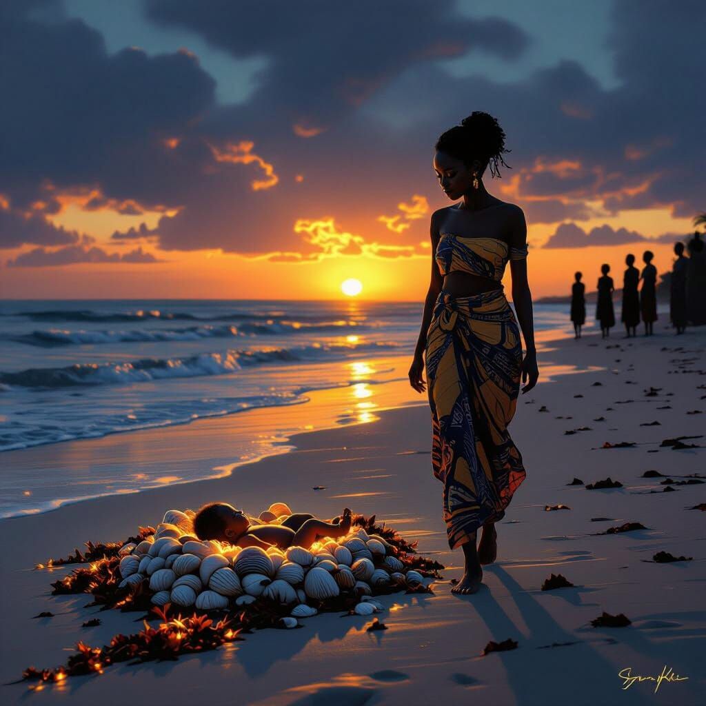 African Woman Discovers Baby on Mystical Beach at Twilight