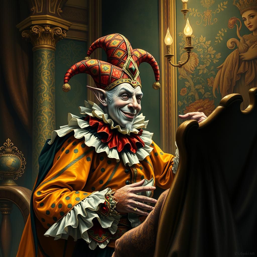 Medieval Jester Entertains King, Illustrated Fantasy Art