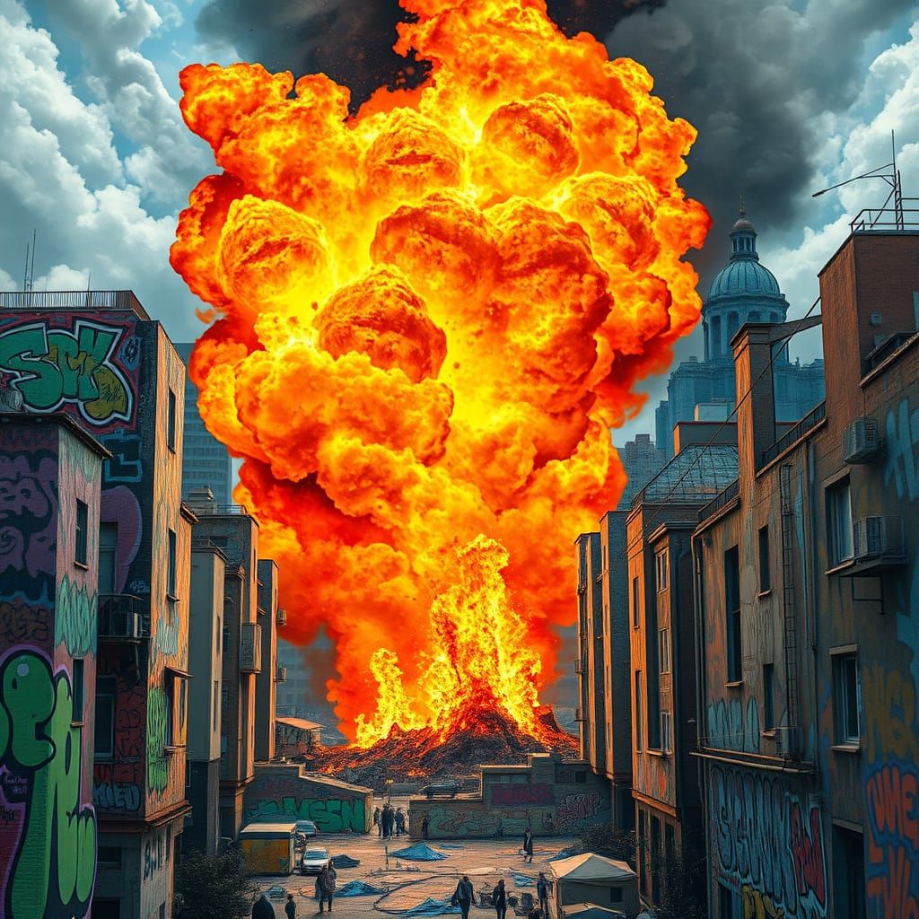 Hyperrealistic Cityscape on Fire with Vibrant Graffiti Mural...