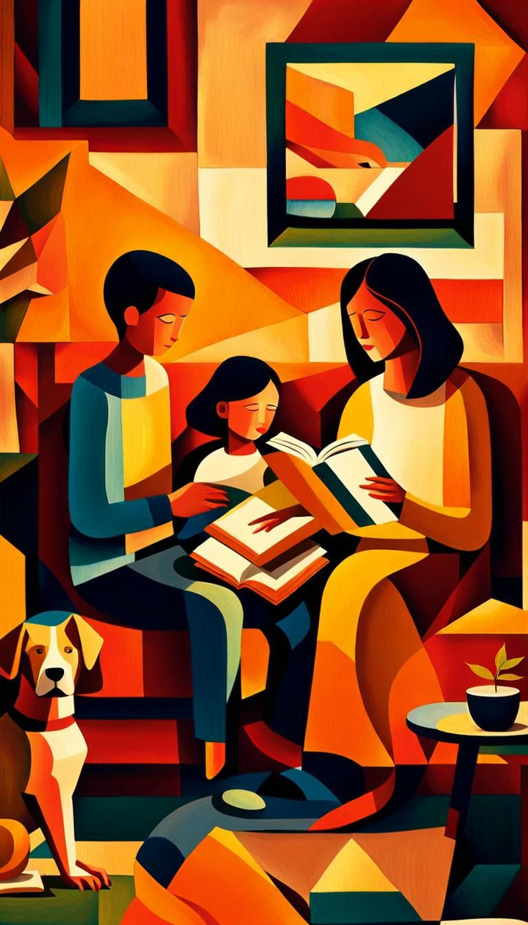 Family Reading by Firelight in Cubist Style