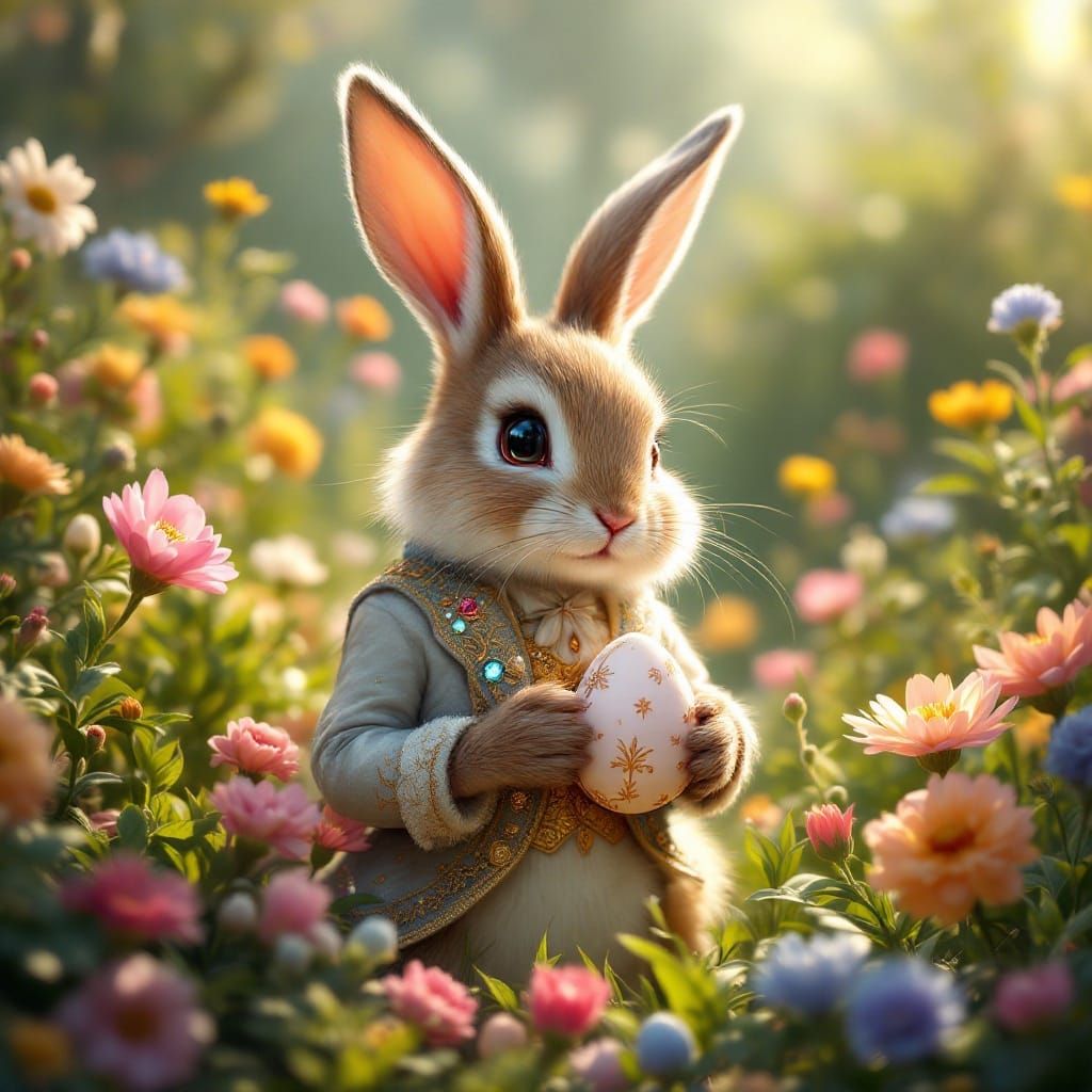 Anthropomorphic Easter Bunny in Whimsical Garden