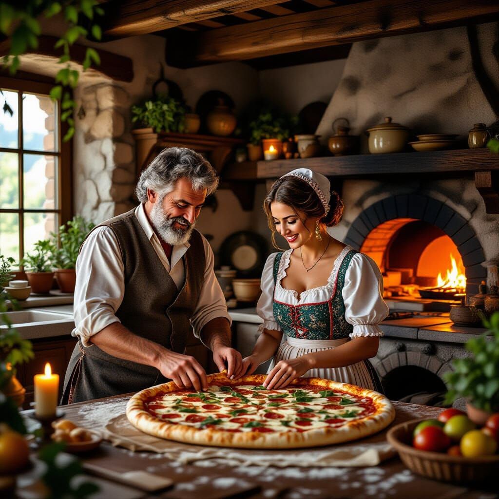 Italian Couple Baking Pizza in Traditional Style