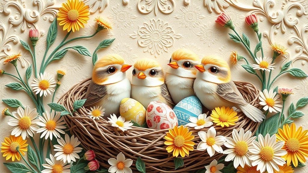 Delicate Birds in Whimsical Easter Egg Nest