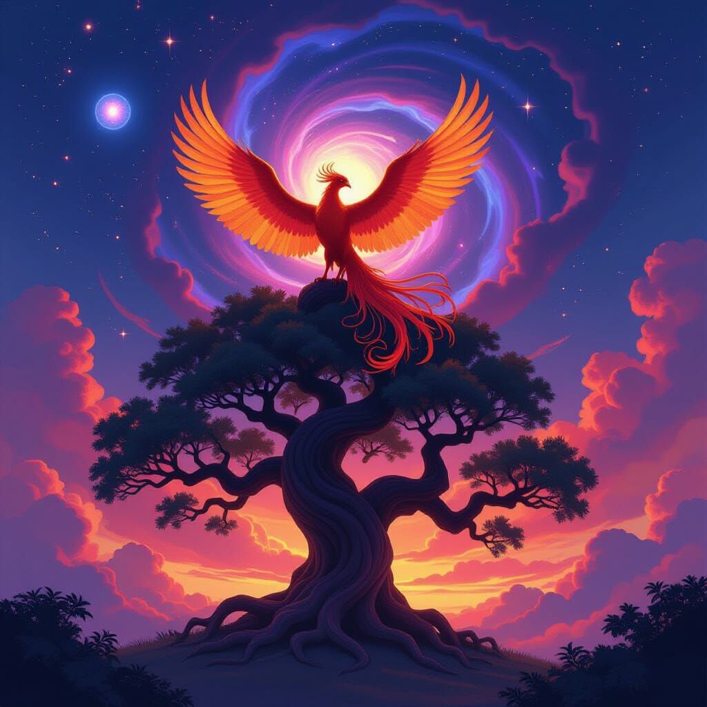Majestic Phoenix on Ancient Tree Amidst Nebula Sky