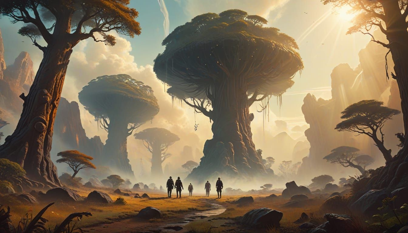 Time Travelers on Pangea in Oil Painting Style