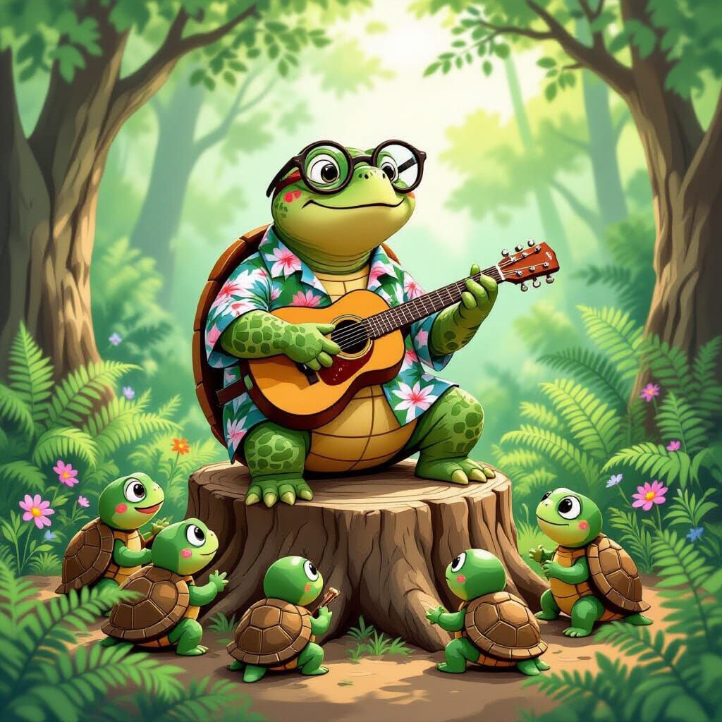 Turtle Guitar Teacher in Whimsical Forest Scene