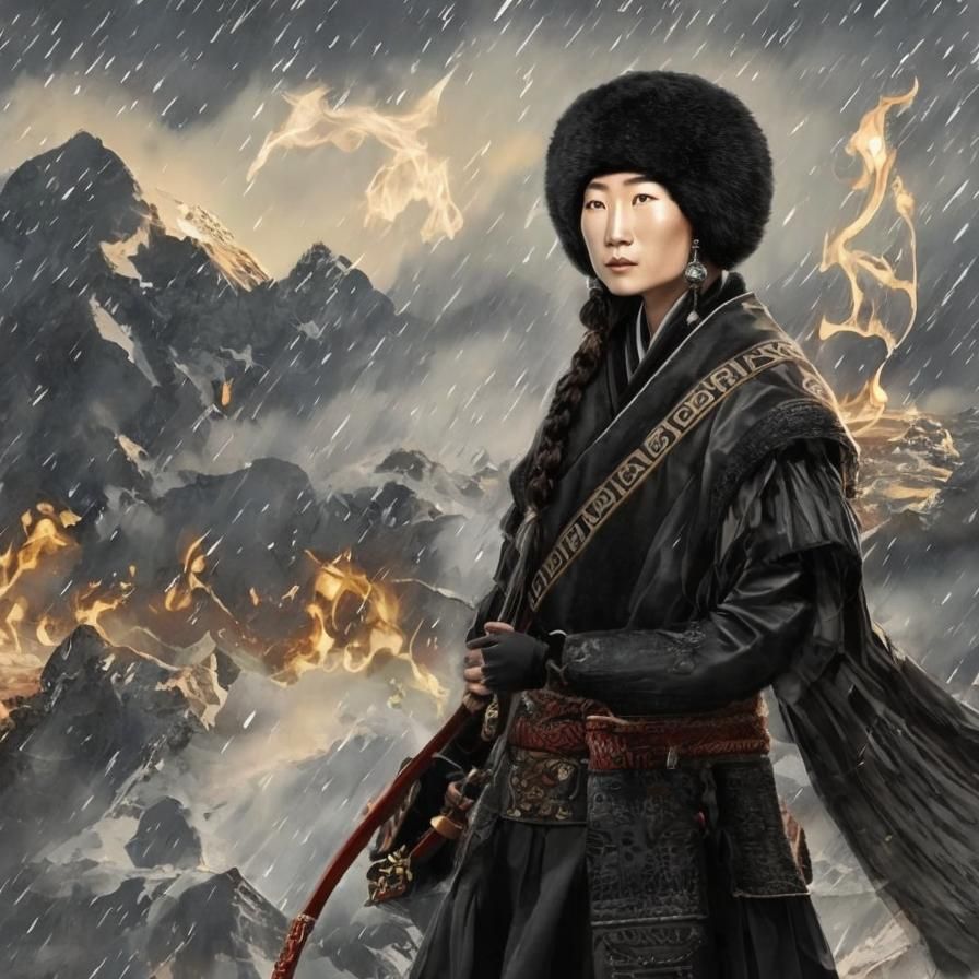 Mongolian Girl with Bow in Winter Fur Hat