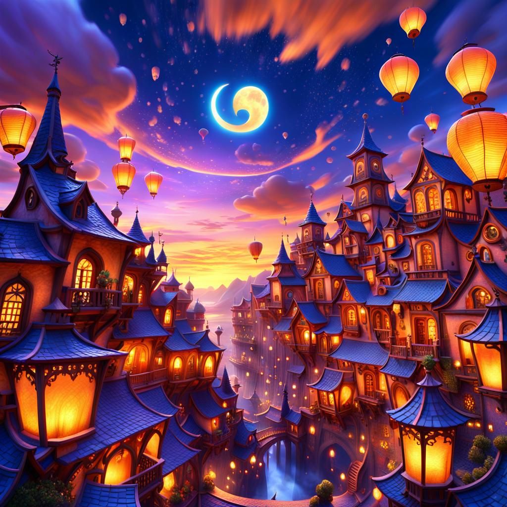 Whimsical Sunset Village: Fantasy Concept Art