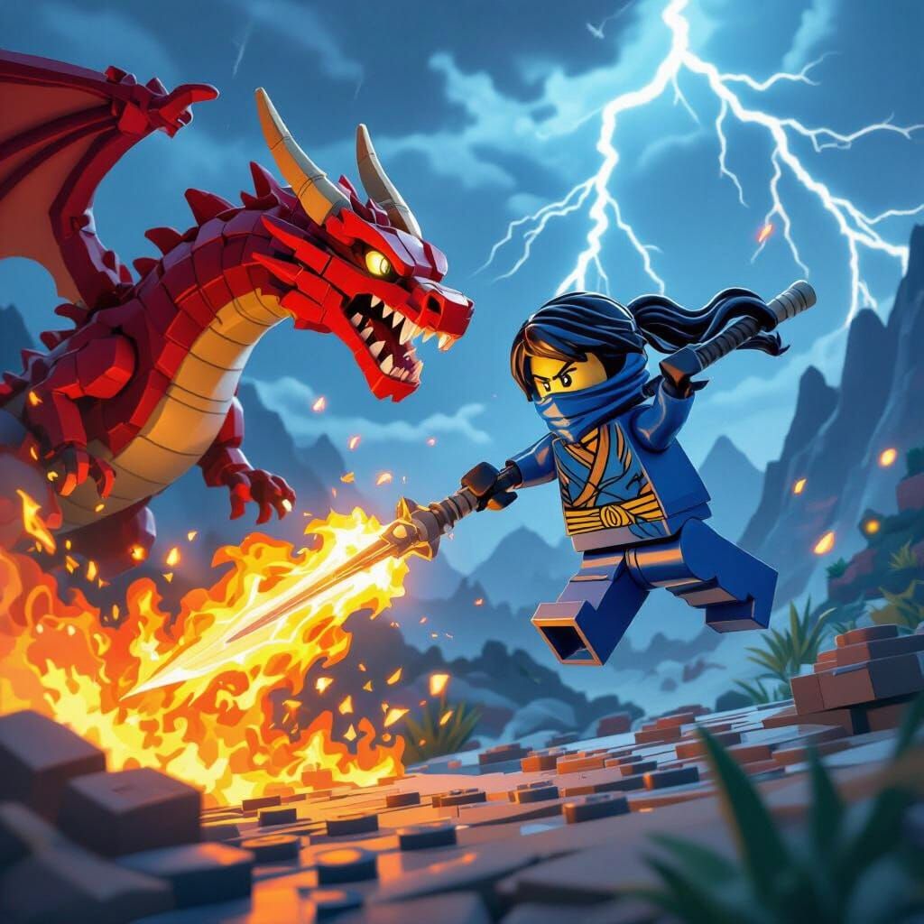 Lego Ninjago Nya Battles Fierce Lego Dragon in Action Scene