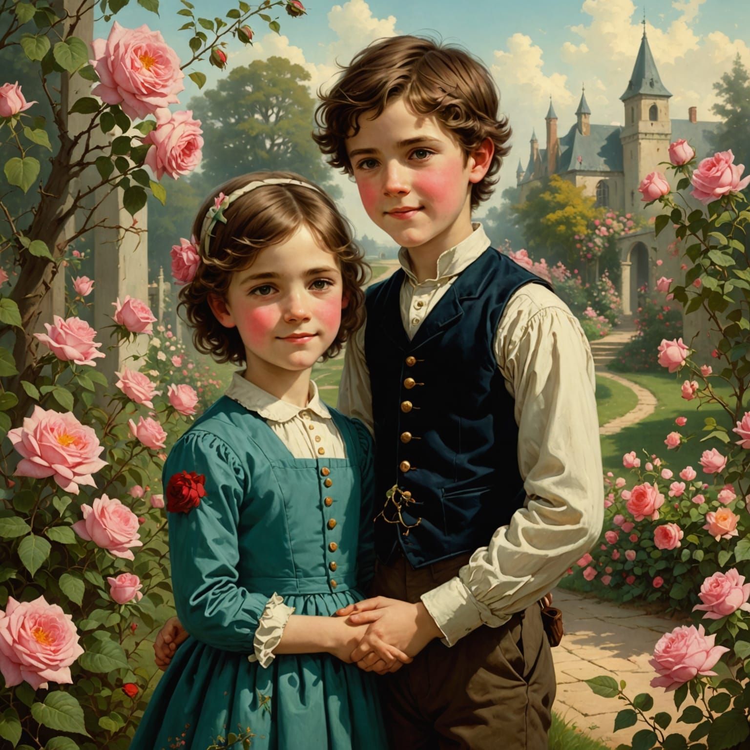 Sisters in a Vibrant Rose Garden Scene, Inspired by Martin J...