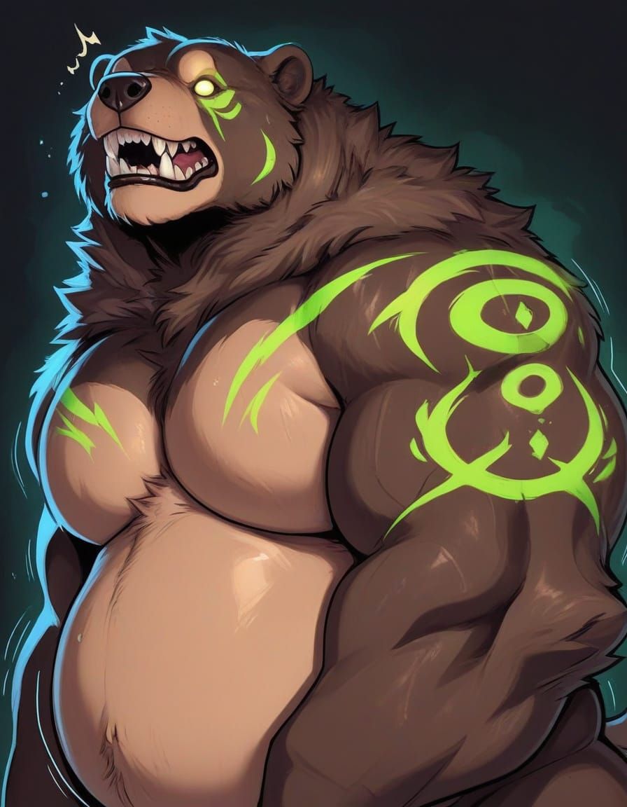Fierce, Feral Black Bear with Tribal Paint and Glowing Eyes