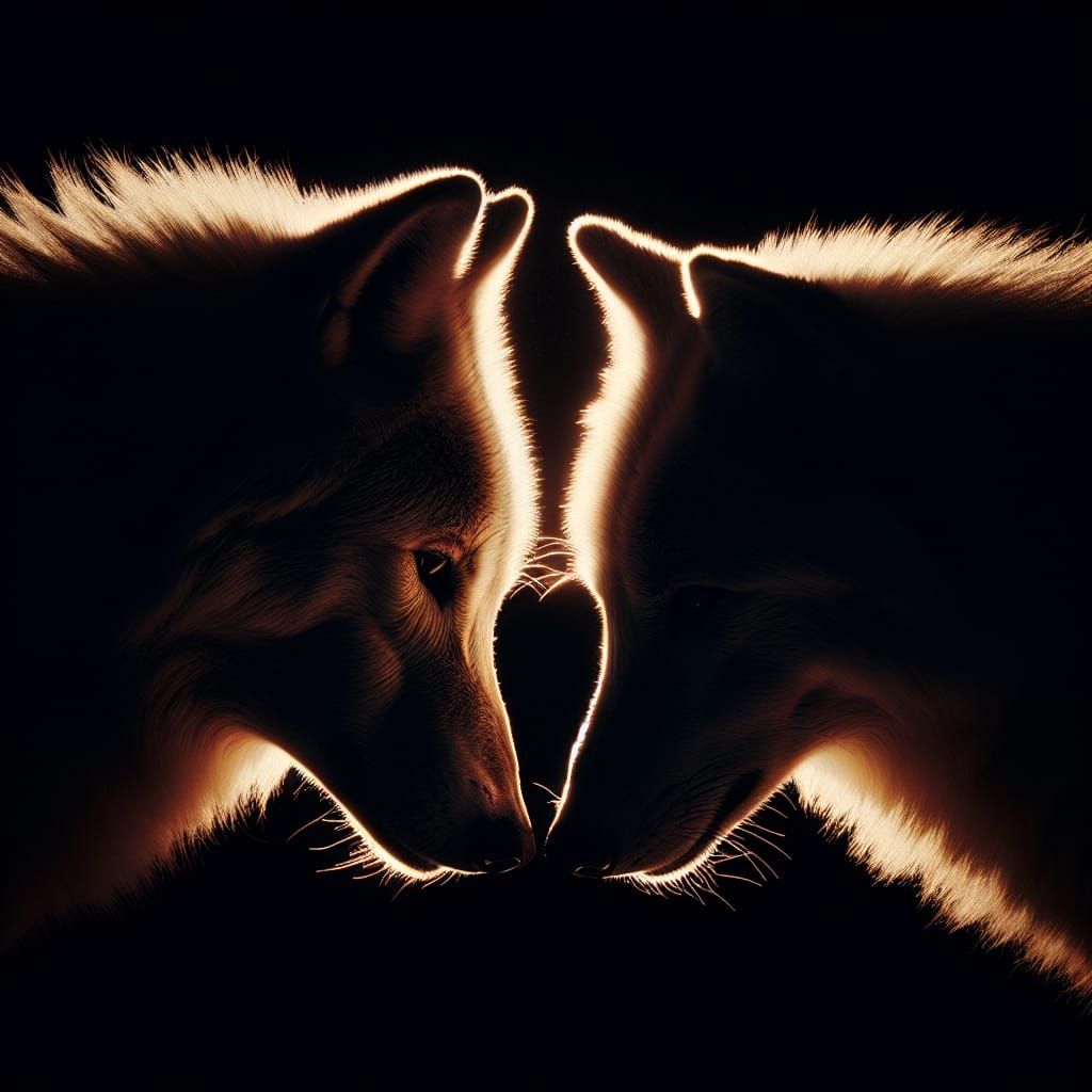 Wolves Touching Heads in Dramatic Backlight