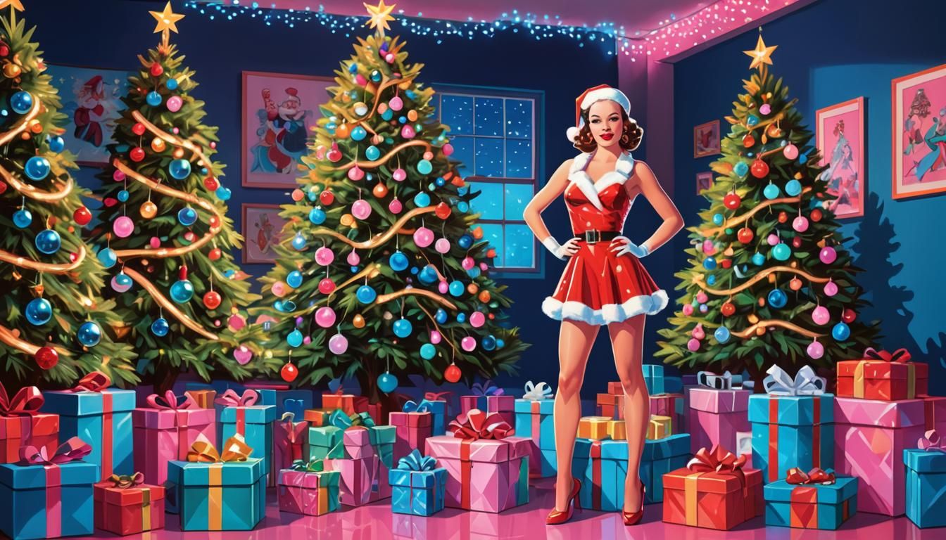 Retro Pinup Santa Girl by Christmas Tree in Synthwave Style