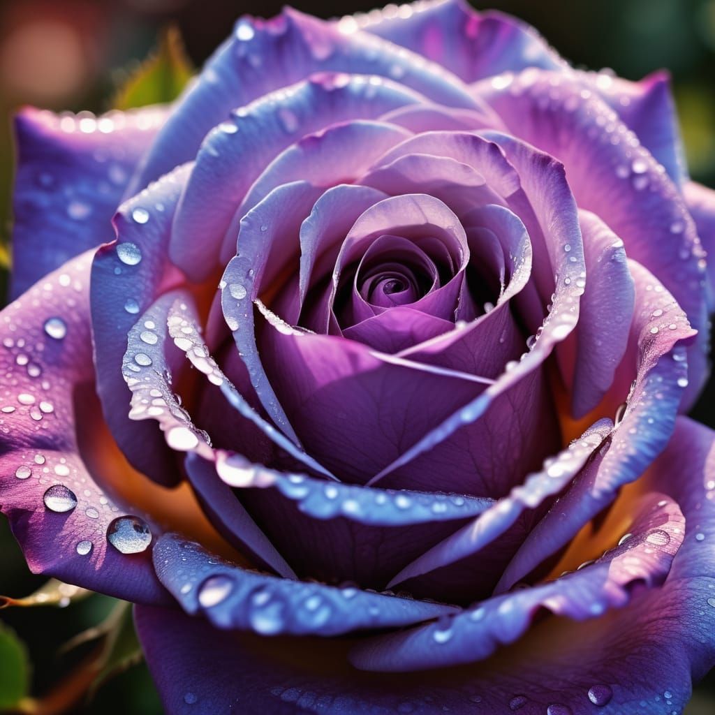 Surreal Macro Photography of a Purple Rose in Dewy Reflectio...