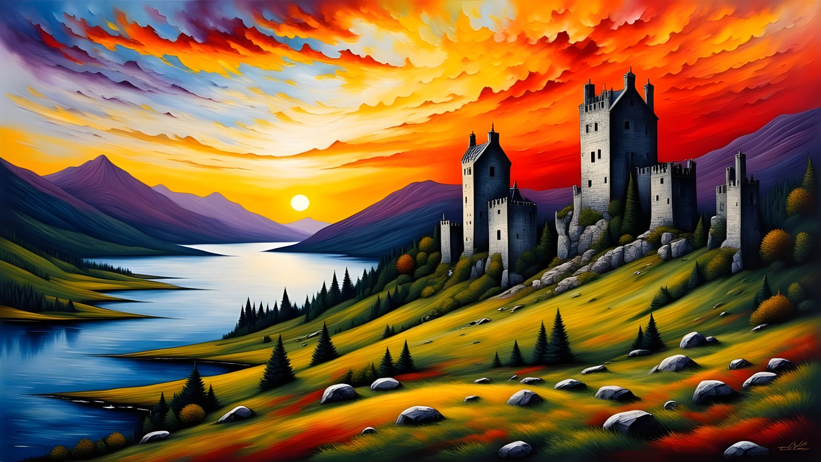 Scottish Castle Ruins at Sunset: Impasto Painting