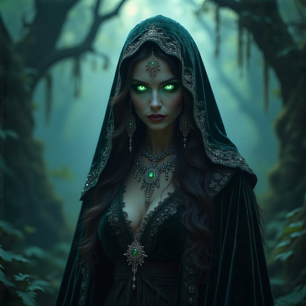 Mystical Witch in Moonlit Forest, Ethereal Digital Art