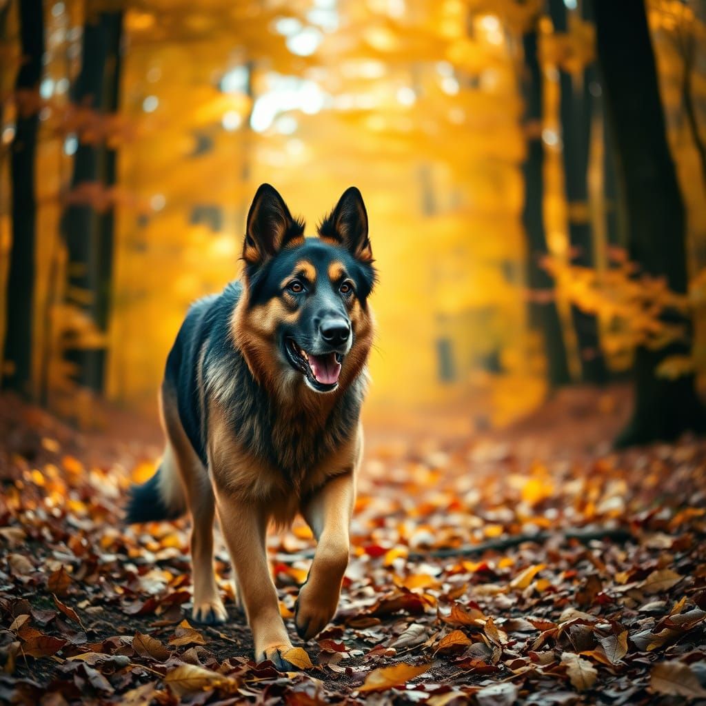 Ethereal German Shepherd in Autumn Forest