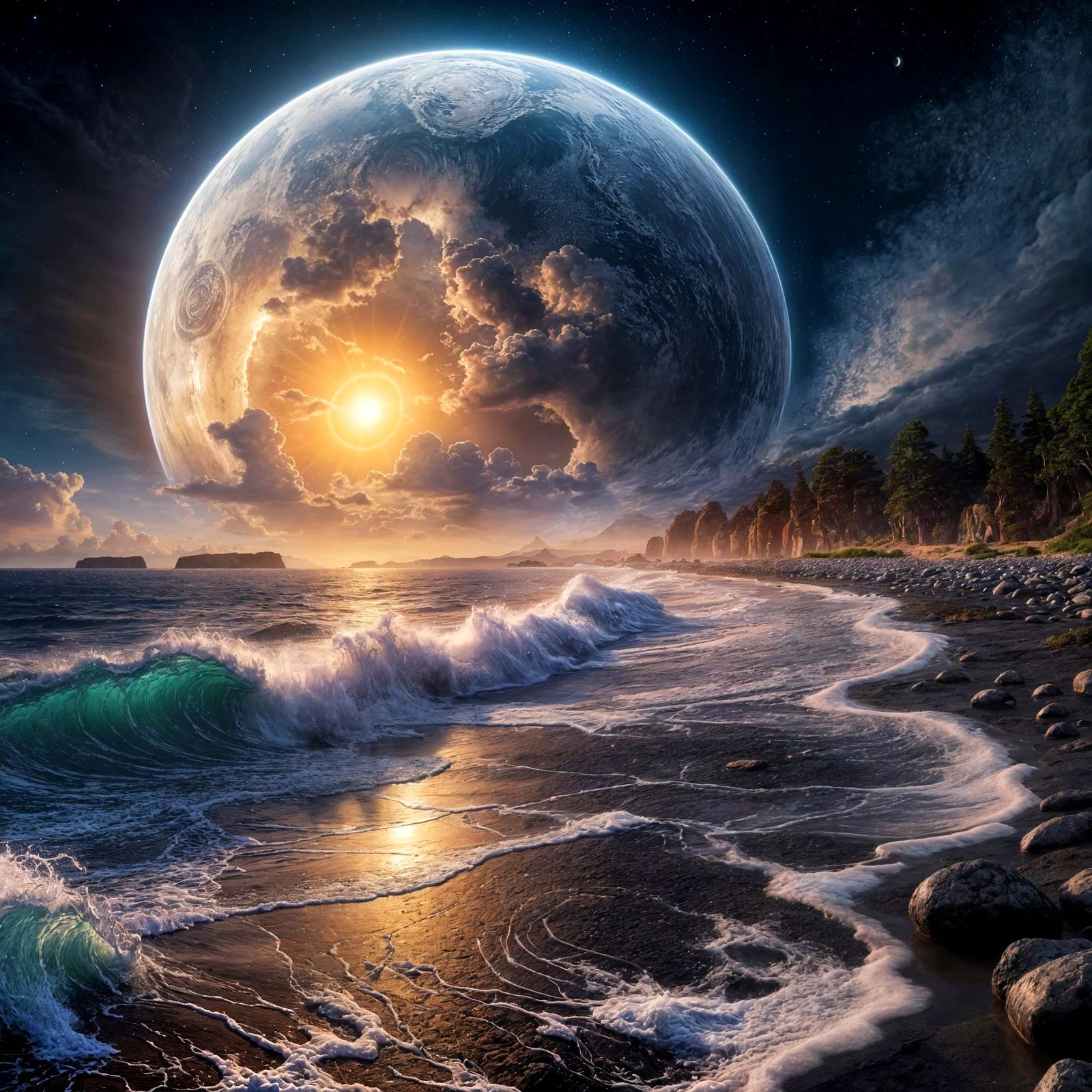 Ethereal Planet in Twilight Sky, Fantasy Concept Art