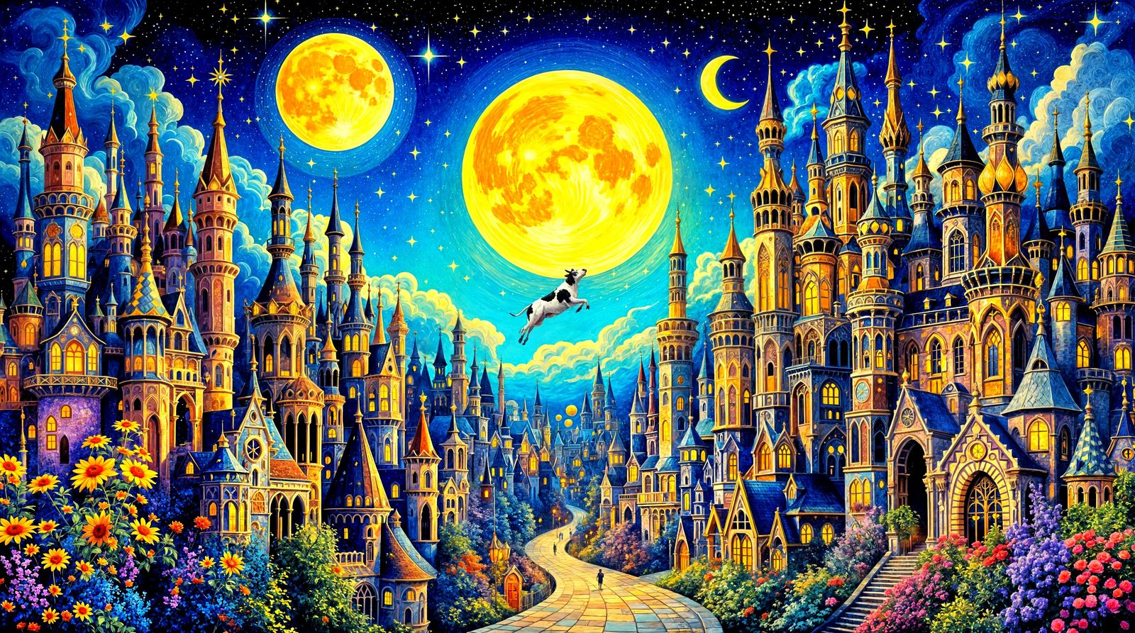 Kaleidoscope Cityscape: Dreamlike Oil Painting on Starry Eve