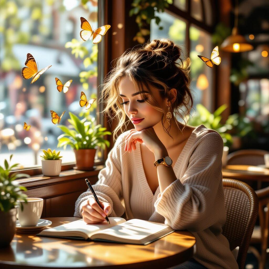 Woman's Thoughts as Butterflies in Sunlit Cafe