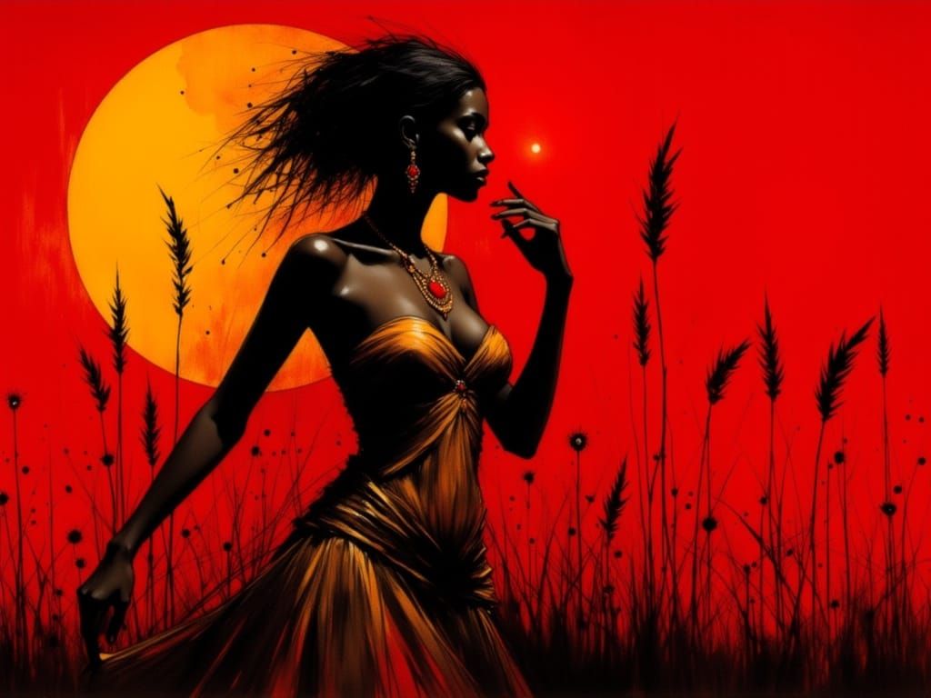 Elegant African Woman with Sun, Expressive Brushwork Style