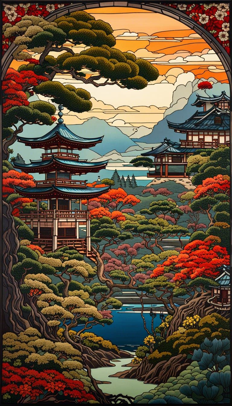 Japanese Tea Garden in Ukiyo-e Style