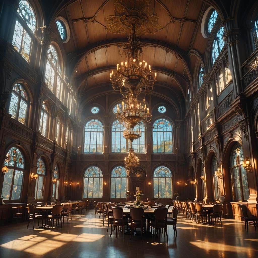 Grand College Cafeteria in Morning Splendor, Unreal Engine 5