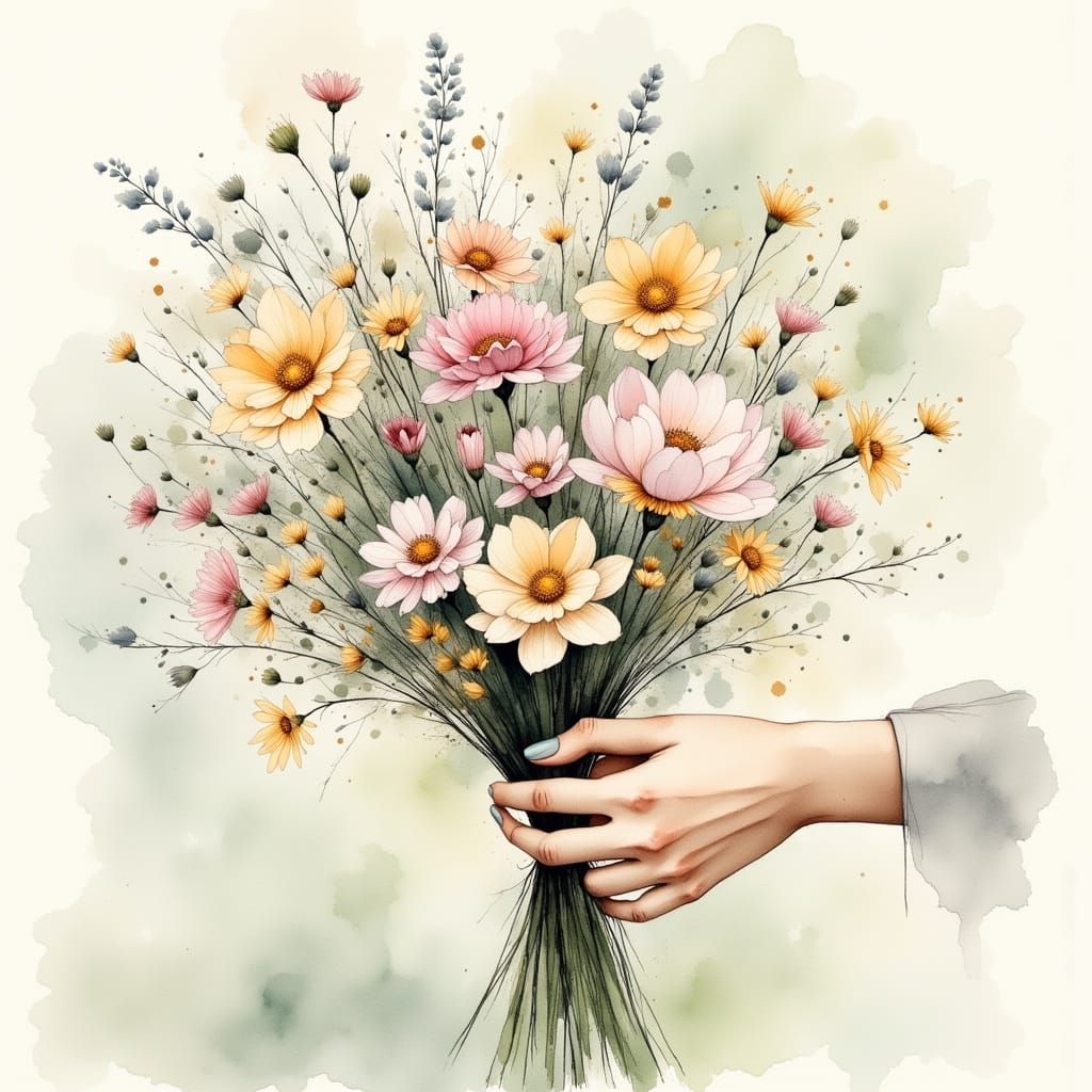 Muted Wildflower Bouquet Held by Soft Focus Hands