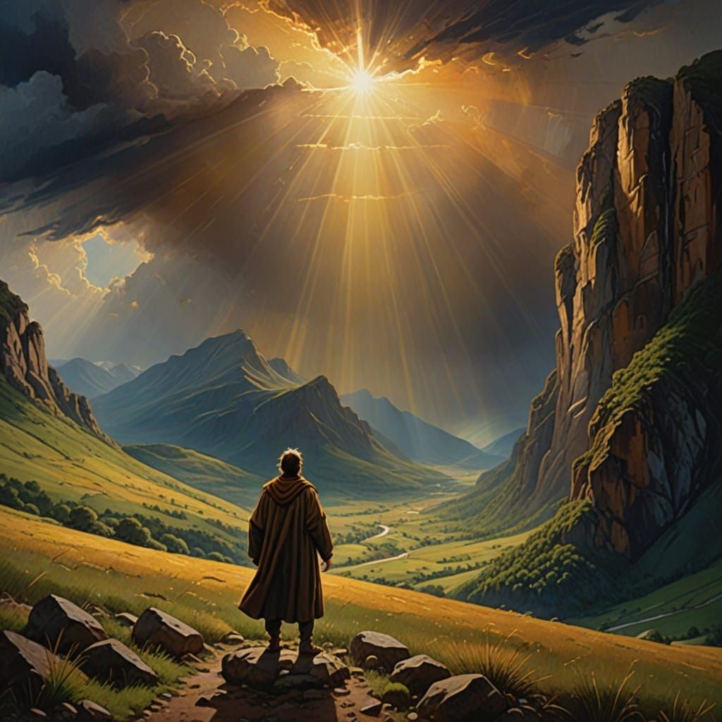 Epic Landscape with Lone Figure in Golden Light
