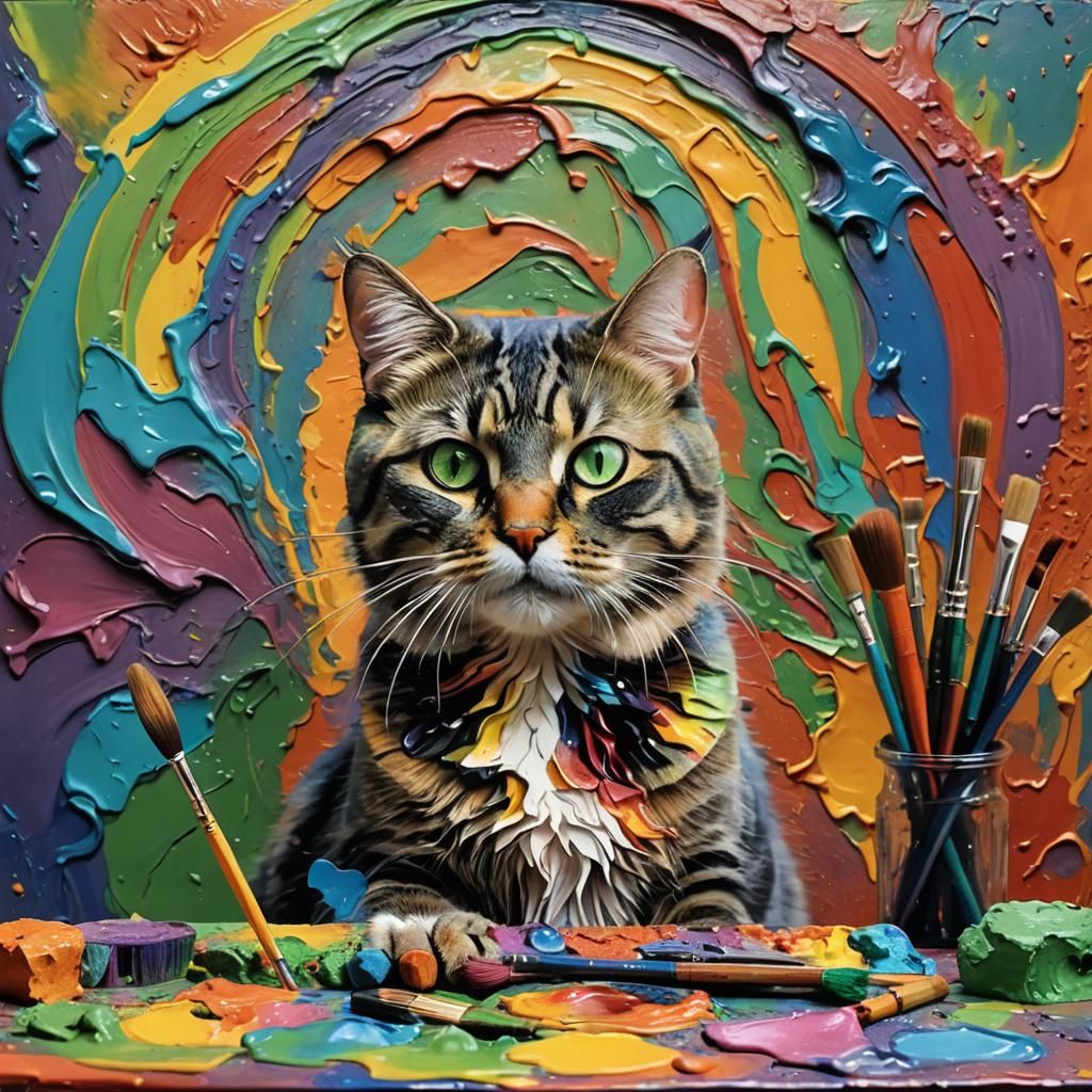 Psychedelic Impasto Cat with Brushes