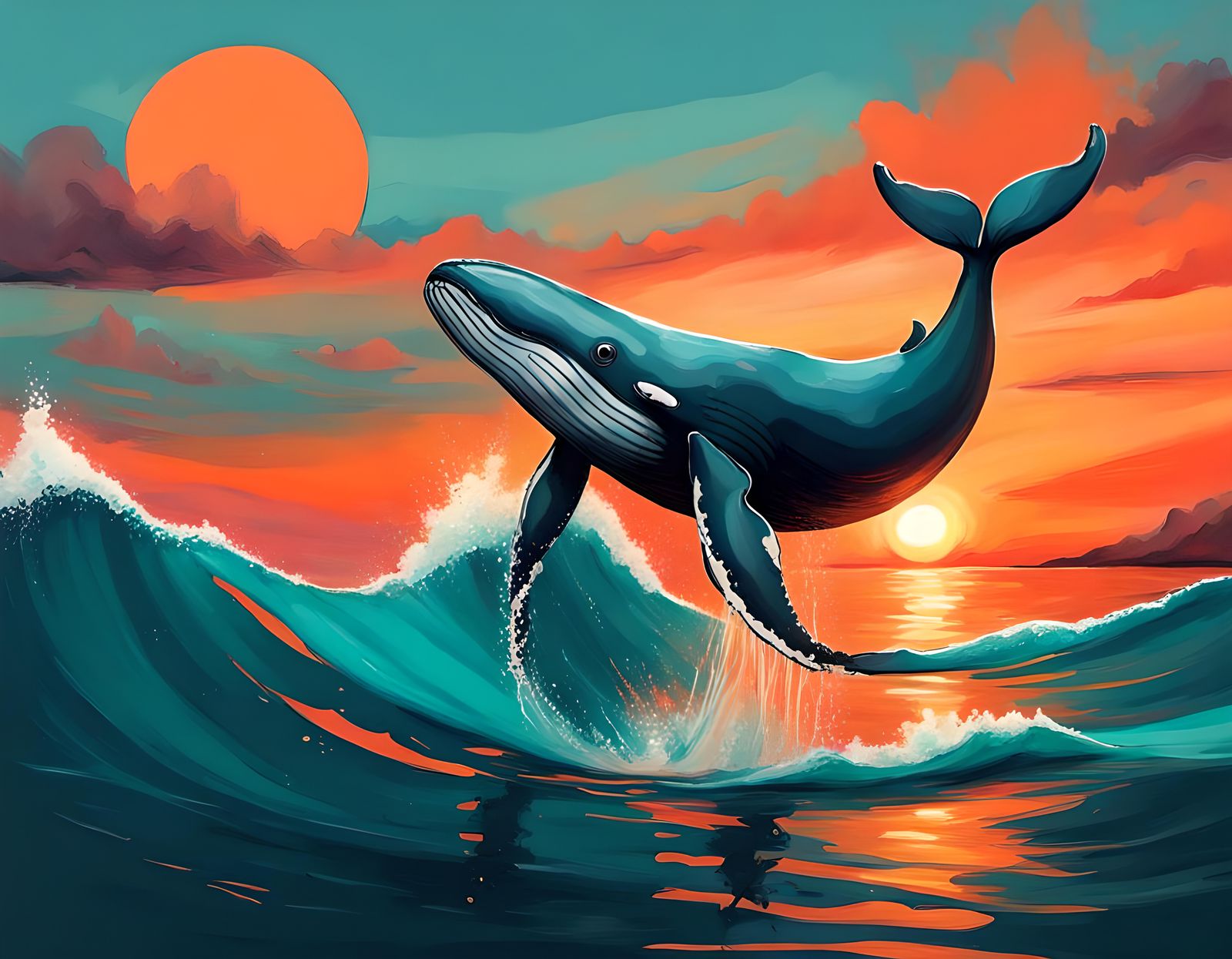 Sunset Whale in Orange and Teal