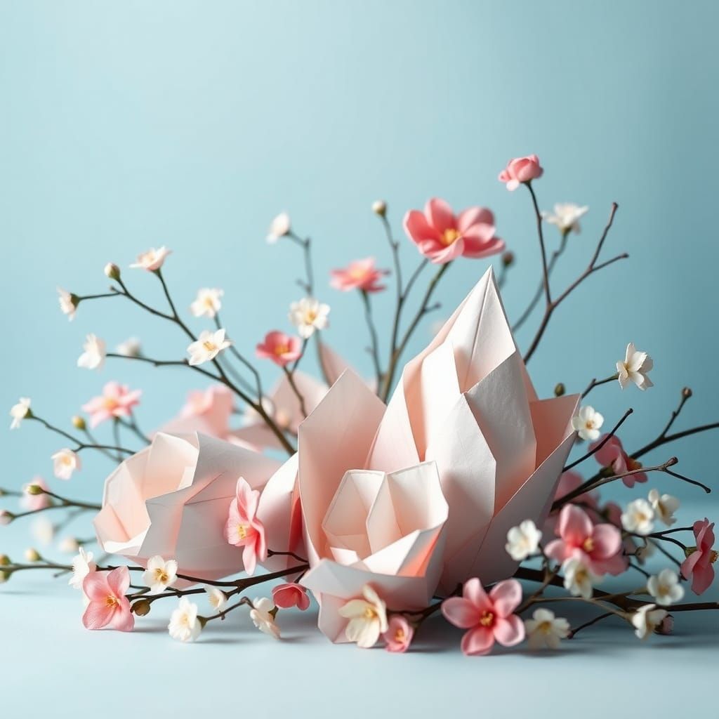 Origami Ikebana Still Life in Anime Style