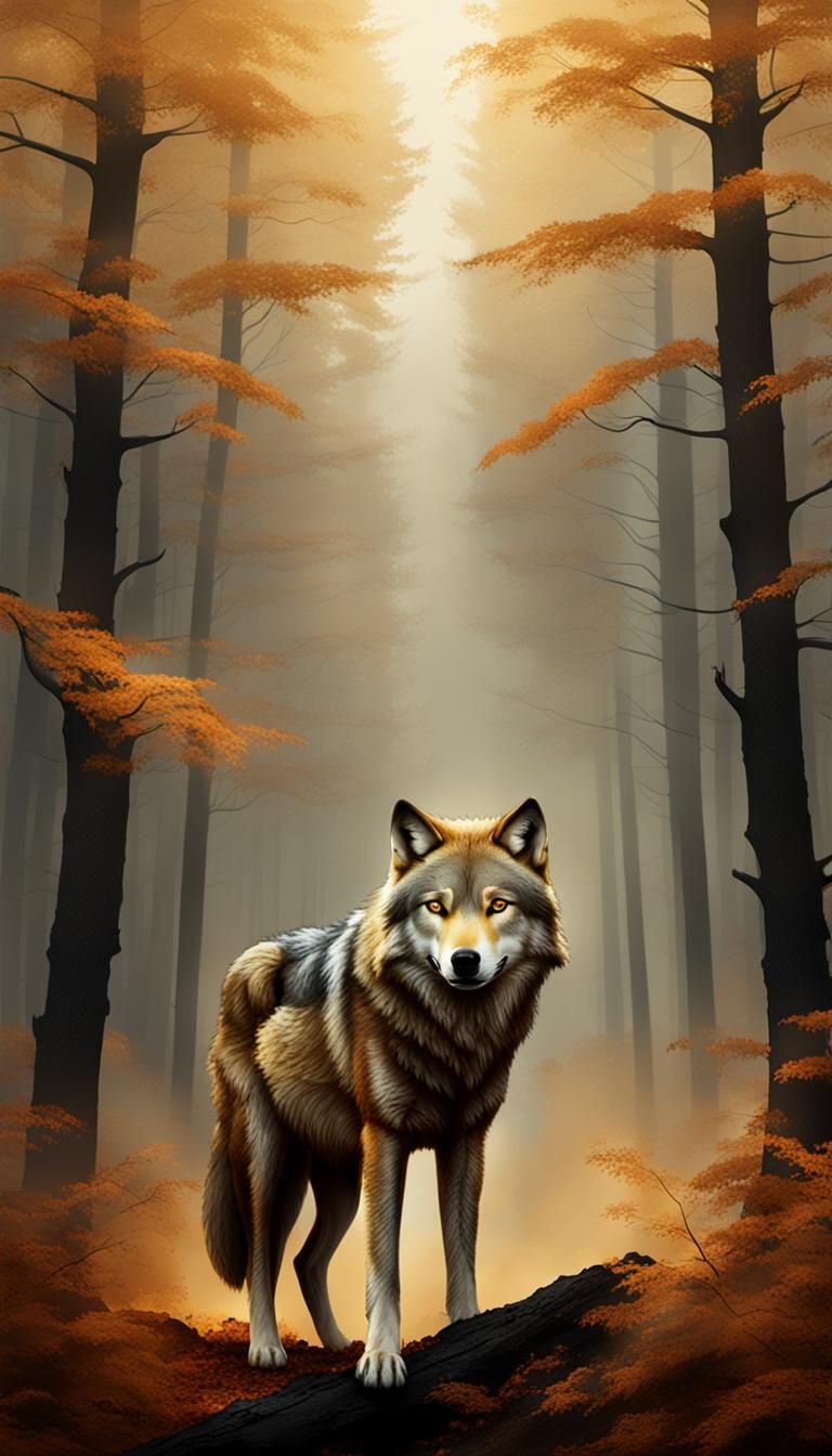 Ethereal Wolves in Forest: Minimalist Surreal Art