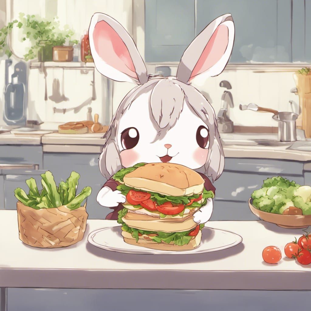 Cute Rabbit Makes a Vegetable Sandwich in Anime Style
