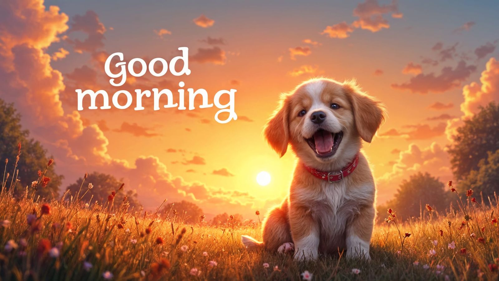 Good Morning Scene with Happy Puppy at Sunrise