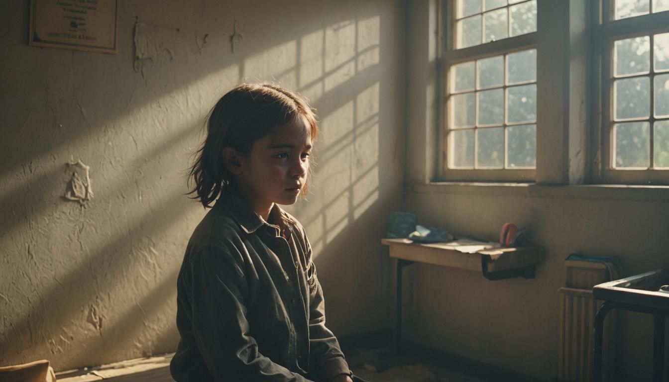 Sad Child in Orphanage: Cinematic Film Still