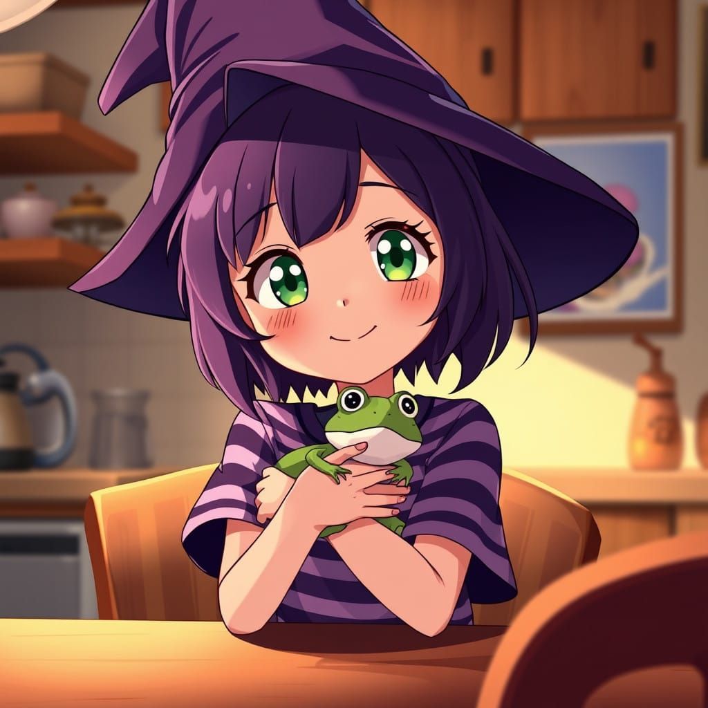 Adorable Anime Witch Girl in Witch Hat and Striped Tee