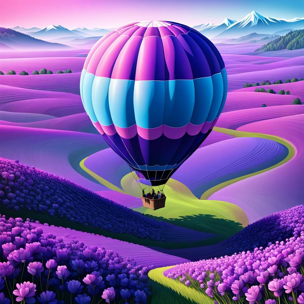 Pink and Blue Balloon Over Purple Flower Field