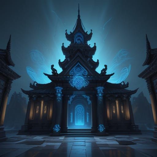 Intricate Otherworldly Temple in Iridescent Hues