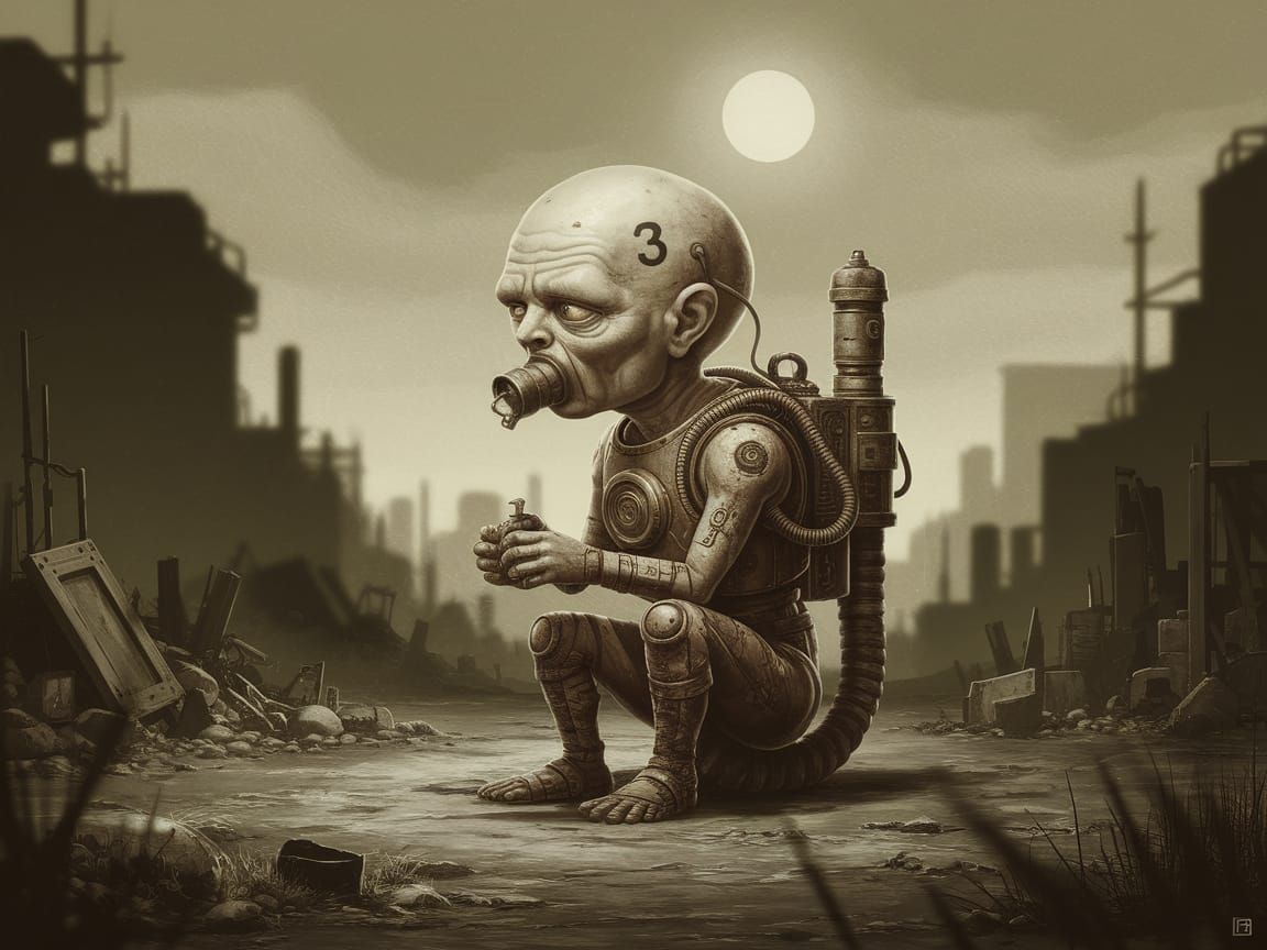 Post-Apocalyptic Wasteland with Deformed Figure in Sepia Ton...