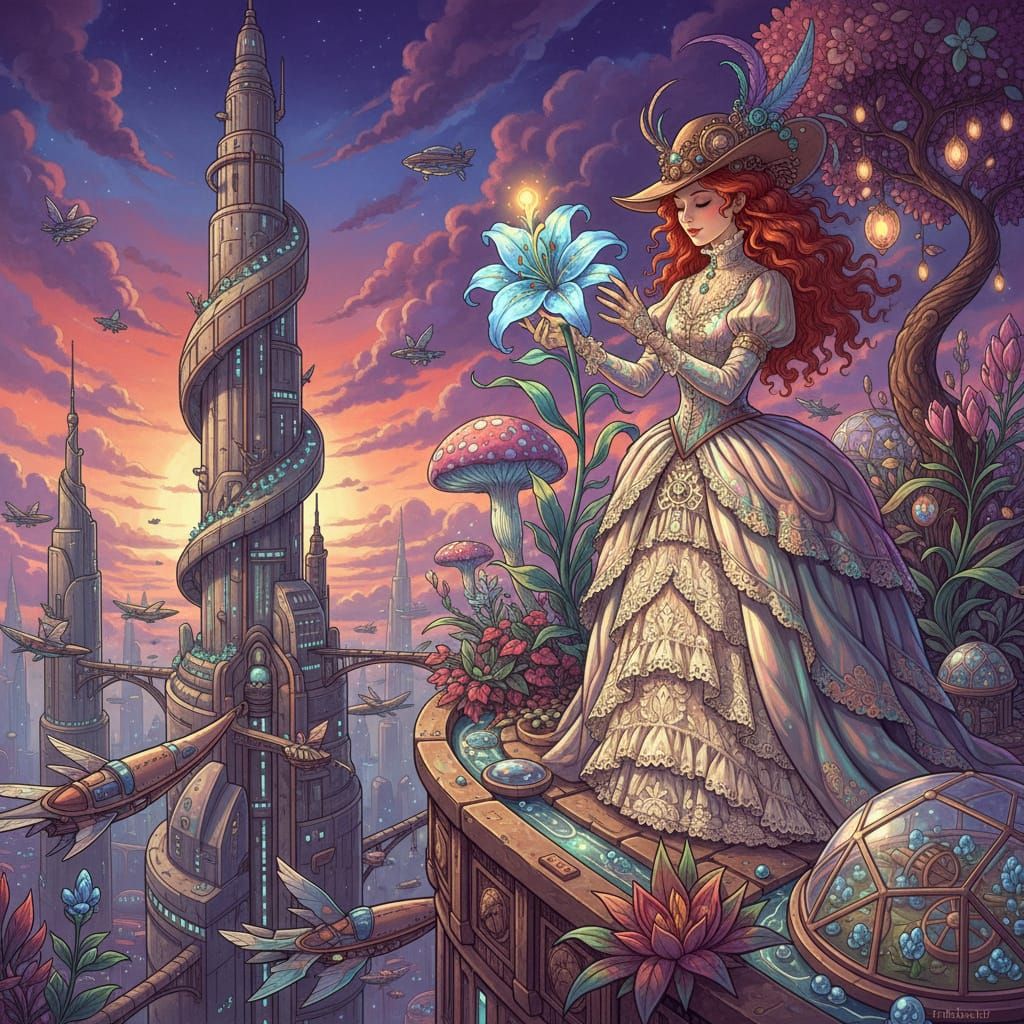 Victorian Woman Tends Bioluminescent Rooftop Garden in Futur...