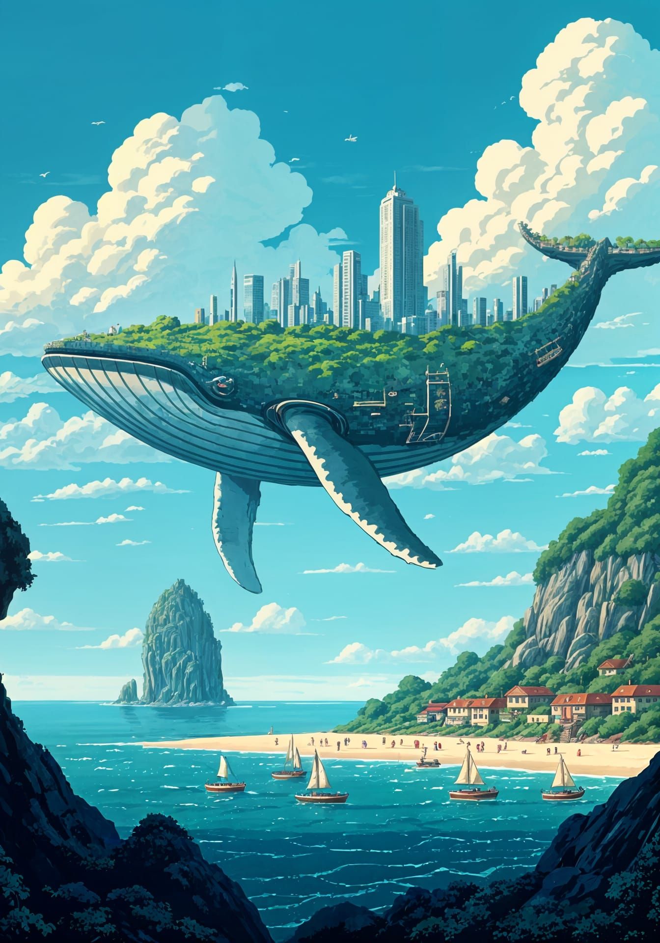Cyberpunk Whale City Pixel Art Landscape