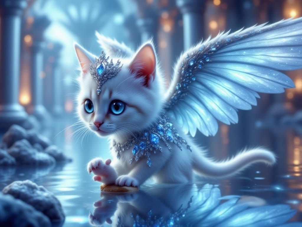 Fantasy Feline Cat Angel in Crystalline Palace