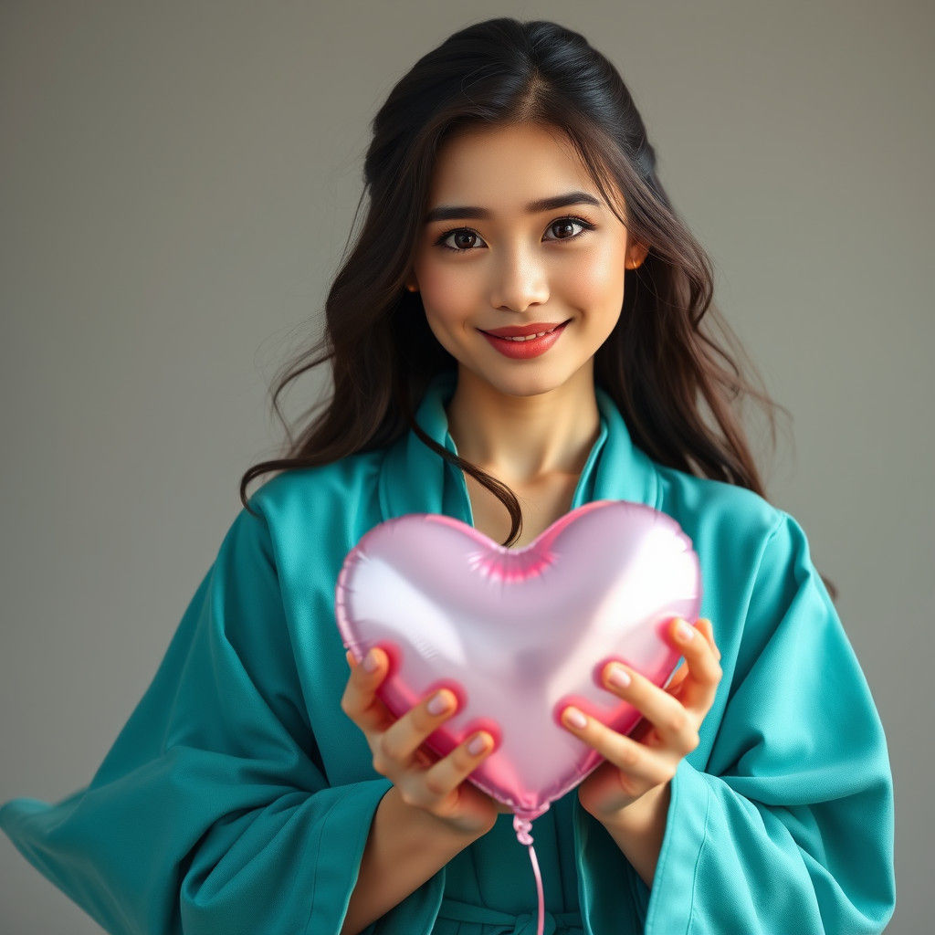Ethereal Young Woman Dances with Heart-Shaped Balloon in Tur...