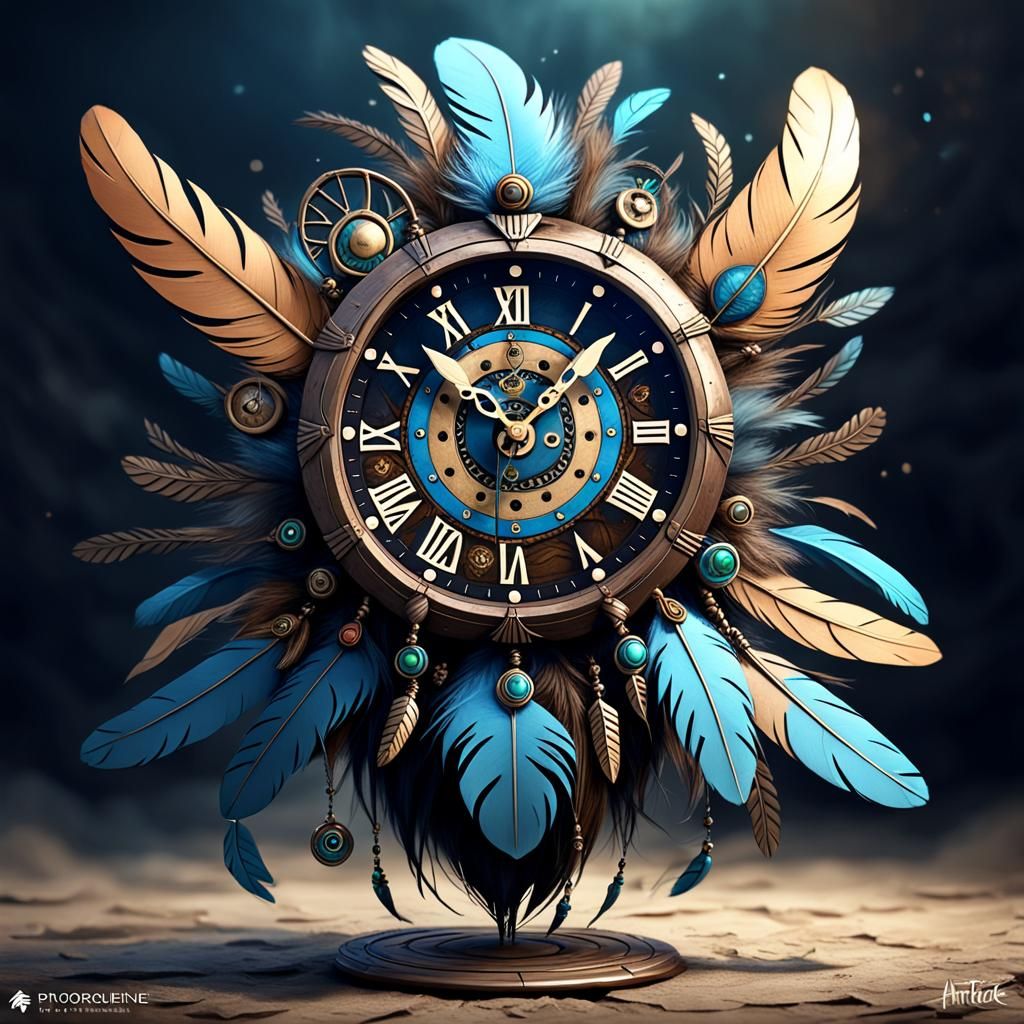 Surreal Chibi Feather Clock Creature in Fantasycore Style
